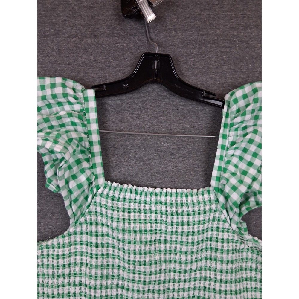 Old Navy Dress 2XL Green Gingham Check Plaid Seersucker Smocked Peasant Ruffle - Picture 8 of 8